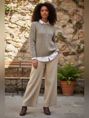 GRAN SASSO Pure Flax Linen Crewneck  Cable Knit Minimalist Chic Sweater